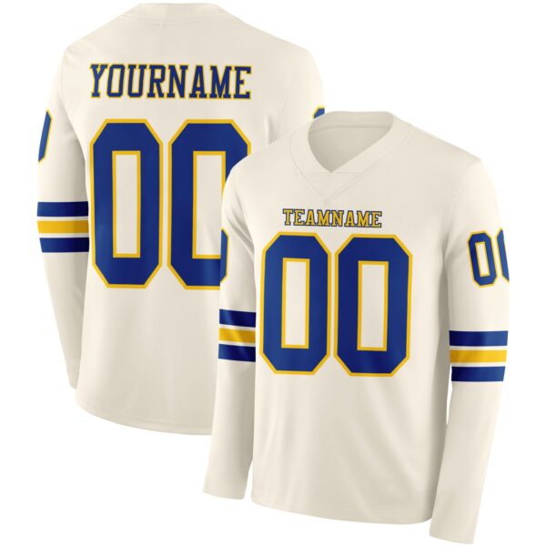 Custom Cream Royal-Yellow Long Sleeve Authentic Football Jersey