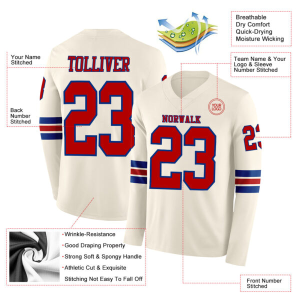 Custom Cream Red-Royal Long Sleeve Authentic Football Jersey