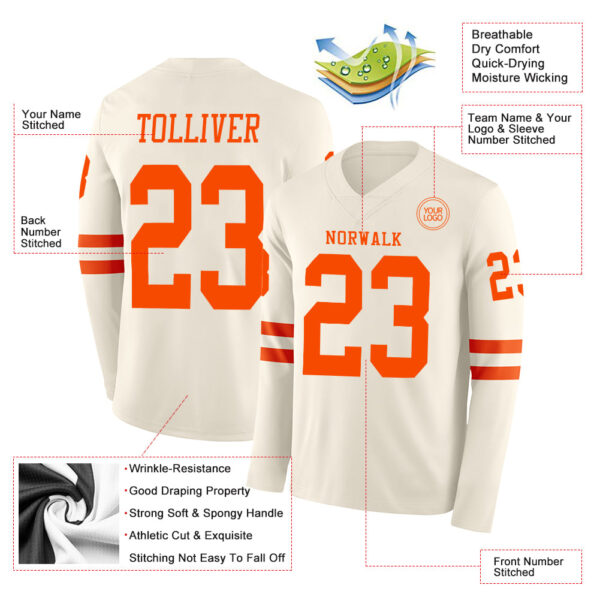 Custom Cream Orange Long Sleeve Authentic Football Jersey