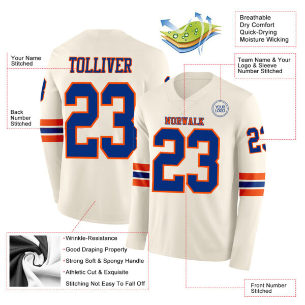 Custom Cream Royal-Orange Long Sleeve Authentic Football Jersey