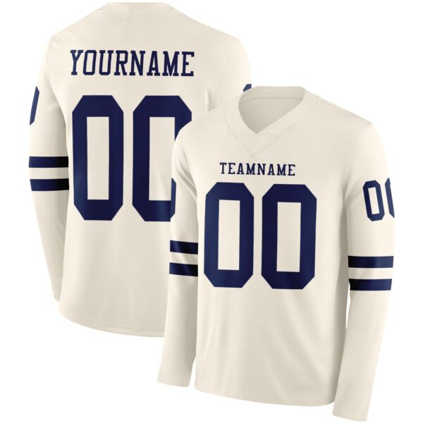 Custom Cream Navy Long Sleeve Authentic Football Jersey