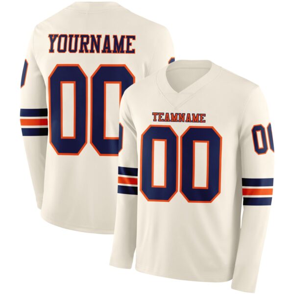 Custom Cream Navy-Orange Long Sleeve Authentic Football Jersey