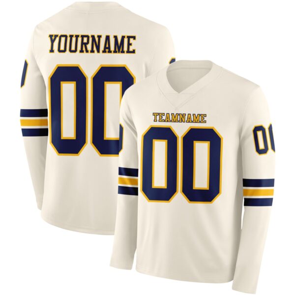 Custom Cream Navy-Gold Long Sleeve Authentic Football Jersey