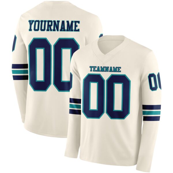 Custom Cream Navy-Teal Long Sleeve Authentic Football Jersey