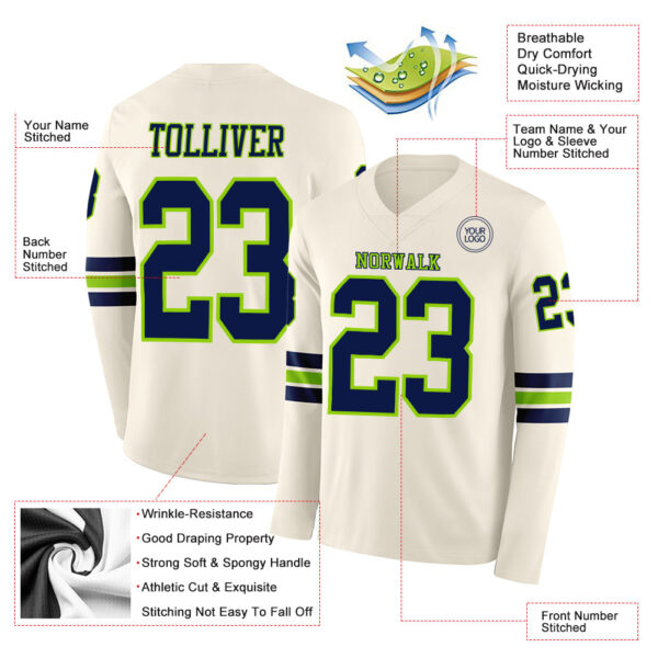 Custom Cream Navy-Neon Green Long Sleeve Authentic Football Jersey