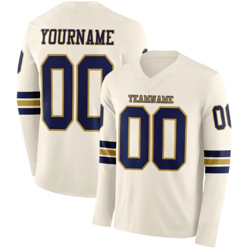 Custom Cream Navy-Old Gold Long Sleeve Authentic Football Jersey