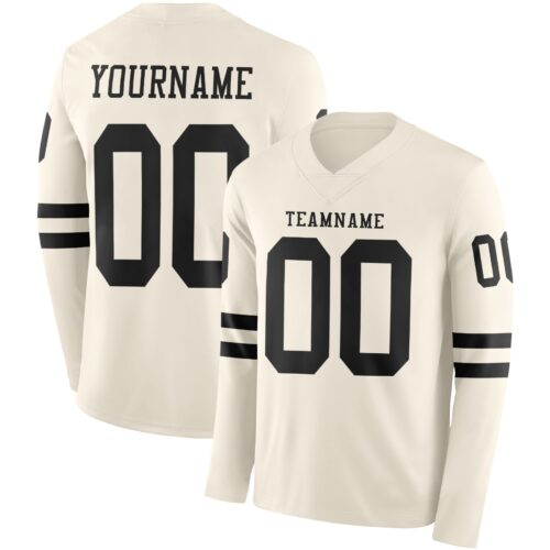 Custom Cream Black Long Sleeve Authentic Football Jersey
