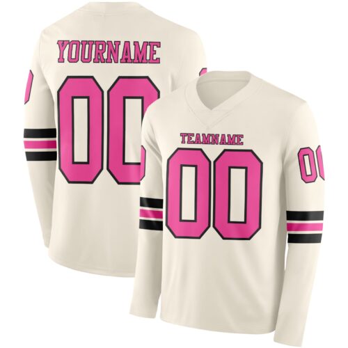 LongSleeve1075 Custom Cream Pink-Black Long Sleeve Authentic Football Jersey
