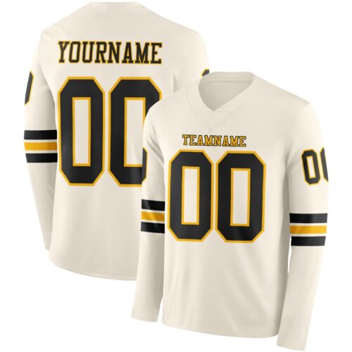 LongSleeve1076 Custom Cream Black-Gold Long Sleeve Authentic Football Jersey
