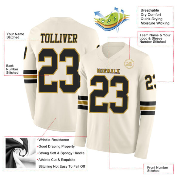 Custom Cream Black-Old Gold Long Sleeve Authentic Football Jersey