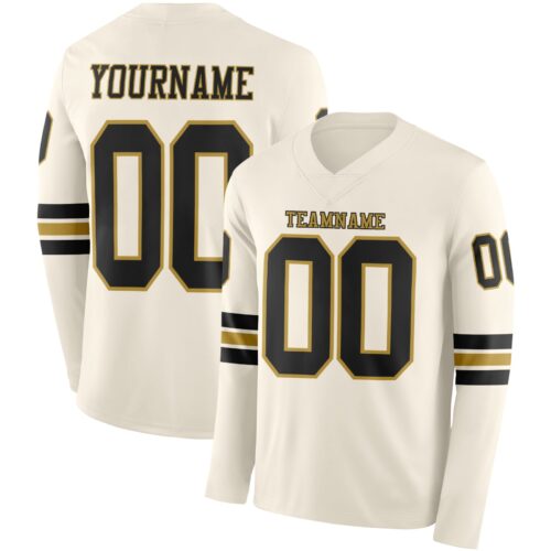 LongSleeve1077 Custom Cream Black-Old Gold Long Sleeve Authentic Football Jersey