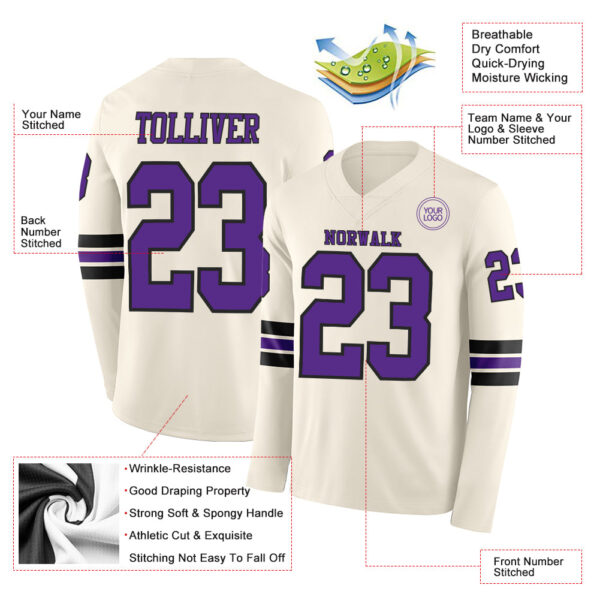 Custom Cream Purple-Black Long Sleeve Authentic Football Jersey