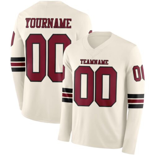 LongSleeve1081 Custom Cream Crimson-Black Long Sleeve Authentic Football Jersey