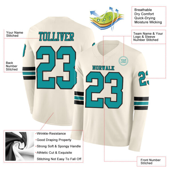 Custom Cream Teal-Black Long Sleeve Authentic Football Jersey