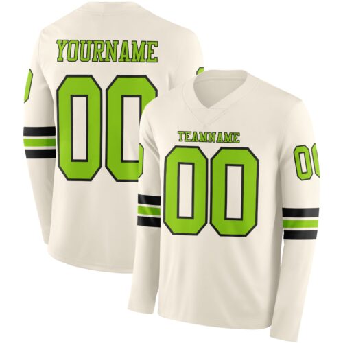 LongSleeve1083 Custom Cream Neon Green-Black Long Sleeve Authentic Football Jersey