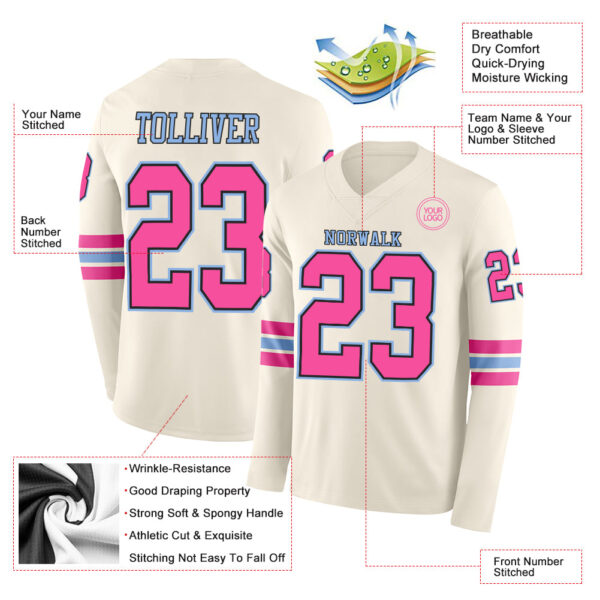 Custom Cream Pink Black-Light Blue Long Sleeve Authentic Football Jersey