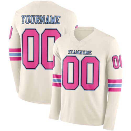 LongSleeve1085 Custom Cream Pink Black-Light Blue Long Sleeve Authentic Football Jersey