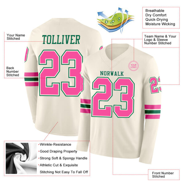 Custom Cream Pink-Kelly Green Long Sleeve Authentic Football Jersey