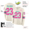 Custom Cream Pink-Teal Long Sleeve Authentic Football Jersey