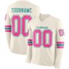 Custom Cream Pink-Teal Long Sleeve Authentic Football Jersey