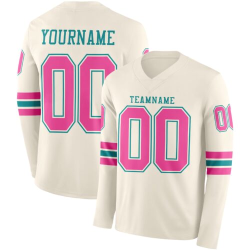 LongSleeve1087 Custom Cream Pink-Teal Long Sleeve Authentic Football Jersey