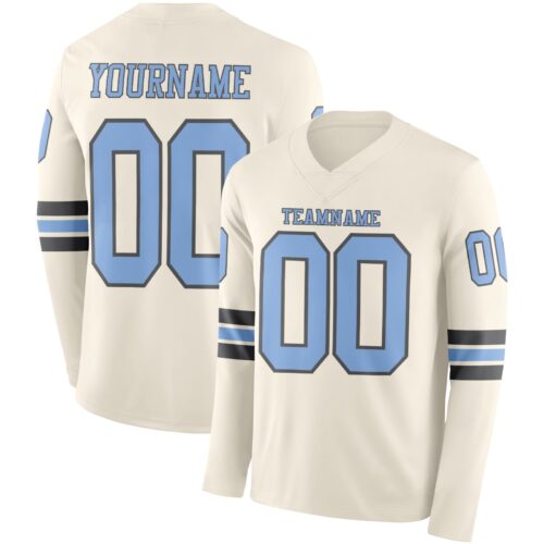 LongSleeve1088 Custom Cream Light Blue-Steel Gray Long Sleeve Authentic Football Jersey