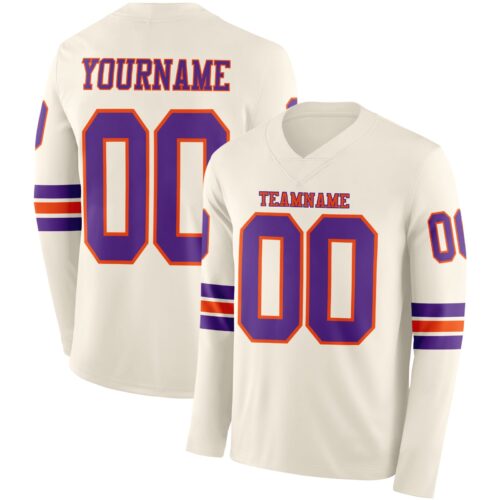 LongSleeve1090 Custom Cream Purple-Orange Long Sleeve Authentic Football Jersey