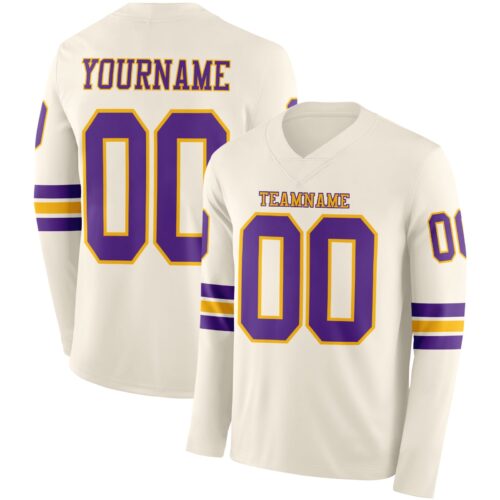 LongSleeve1091 Custom Cream Purple-Gold Long Sleeve Authentic Football Jersey