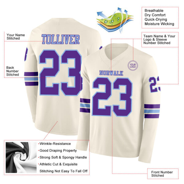 Custom Cream Purple-Light Blue Long Sleeve Authentic Football Jersey
