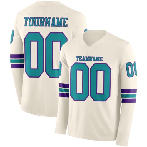 LongSleeve1093 Custom Cream Teal-Purple Long Sleeve Authentic Football Jersey