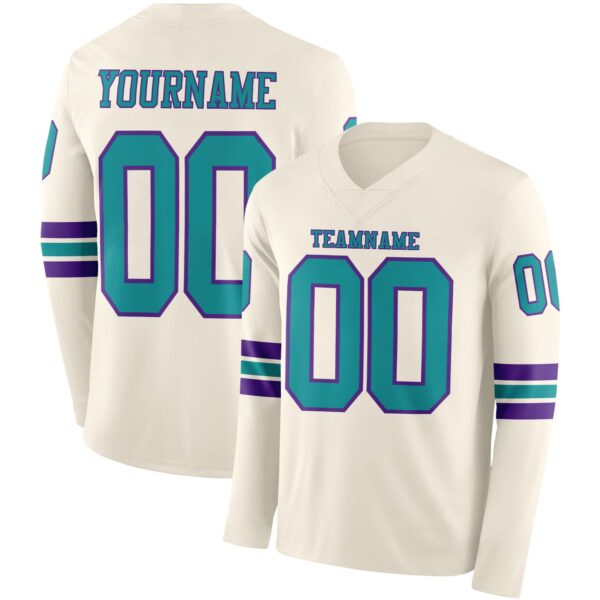 Custom Cream Teal-Purple Long Sleeve Authentic Football Jersey