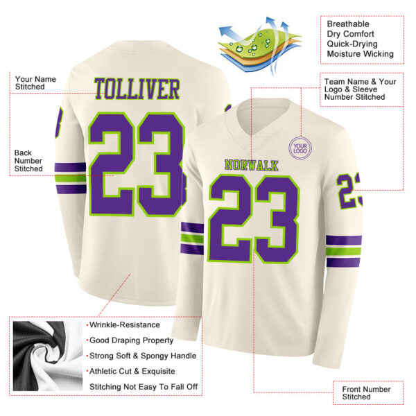 Custom Cream Purple-Neon Green Long Sleeve Authentic Football Jersey