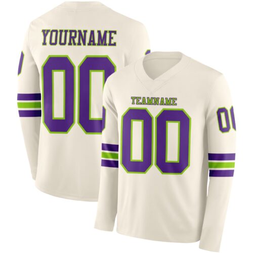 LongSleeve1094 Custom Cream Purple-Neon Green Long Sleeve Authentic Football Jersey
