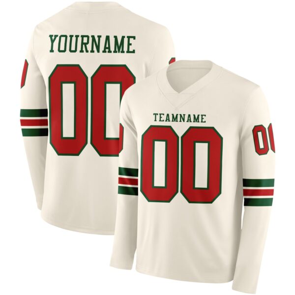 Custom Cream Red-Green Long Sleeve Authentic Football Jersey