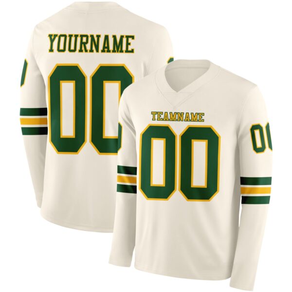 Custom Cream Green-Gold Long Sleeve Authentic Football Jersey