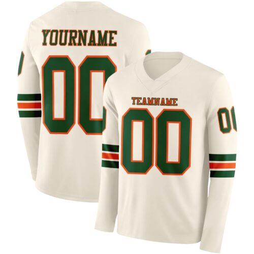LongSleeve1097 Custom Cream Green-Orange Long Sleeve Authentic Football Jersey