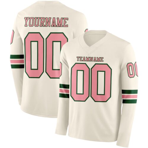 LongSleeve1098 Custom Cream Medium Pink-Green Long Sleeve Authentic Football Jersey