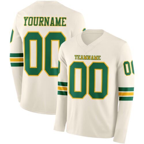 LongSleeve1100 Custom Cream Kelly Green-Gold Long Sleeve Authentic Football Jersey