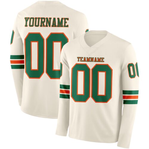 LongSleeve1101 Custom Cream Kelly Green-Orange Long Sleeve Authentic Football Jersey