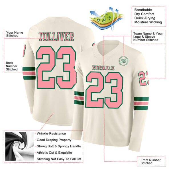 Custom Cream Medium Pink-Kelly Green Long Sleeve Authentic Football Jersey