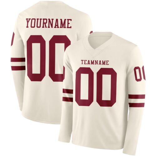 LongSleeve1103 Custom Cream Crimson Long Sleeve Authentic Football Jersey