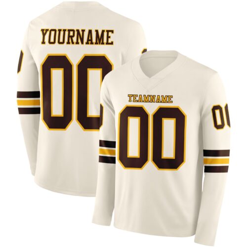 LongSleeve1105 Custom Cream Brown-Gold Long Sleeve Authentic Football Jersey