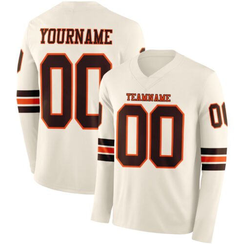 LongSleeve1106 Custom Cream Brown-Orange Long Sleeve Authentic Football Jersey