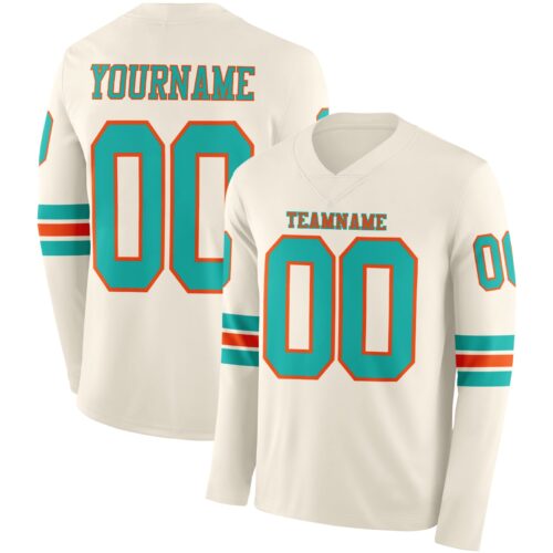 LongSleeve1107 Custom Cream Aqua-Orange Long Sleeve Authentic Football Jersey