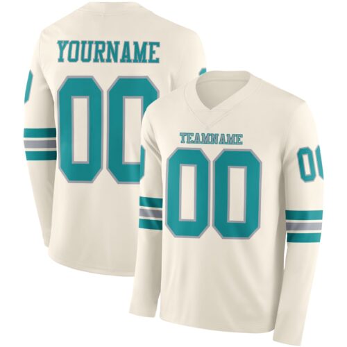 LongSleeve1110 Custom Cream Teal-Gray Long Sleeve Authentic Football Jersey