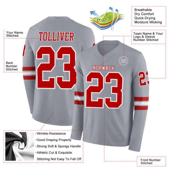 Custom Gray Red-White Long Sleeve Authentic Football Jersey