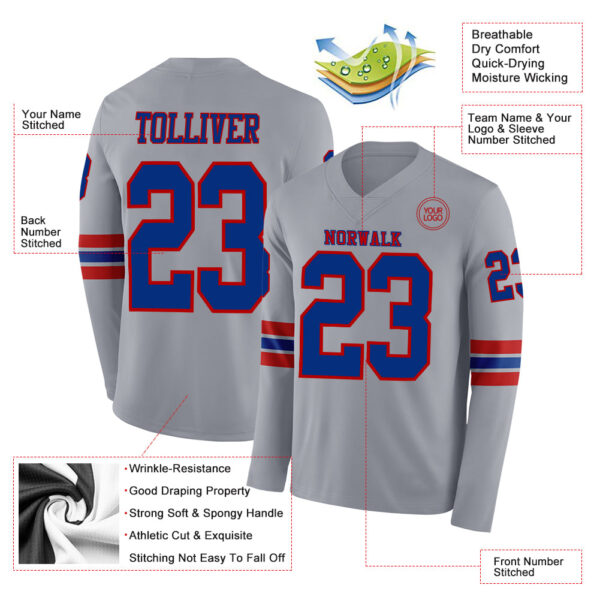 Custom Gray Royal-Red Long Sleeve Authentic Football Jersey