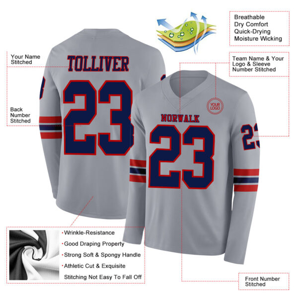 Custom Gray Navy-Red Long Sleeve Authentic Football Jersey