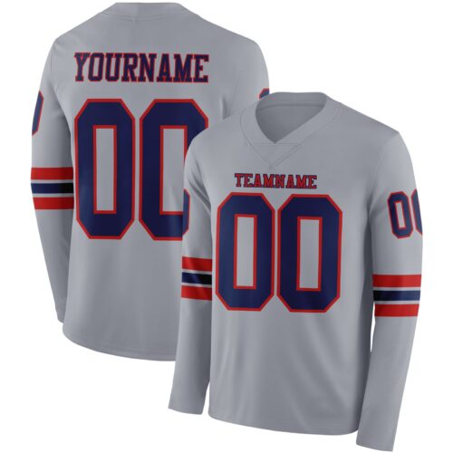 Custom Gray Navy-Red Long Sleeve Authentic Football Jersey