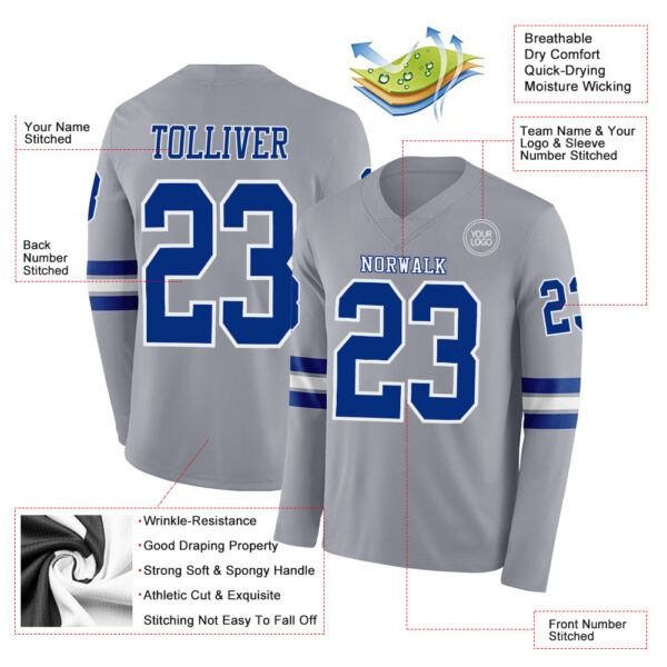 Custom Gray Royal-White Long Sleeve Authentic Football Jersey